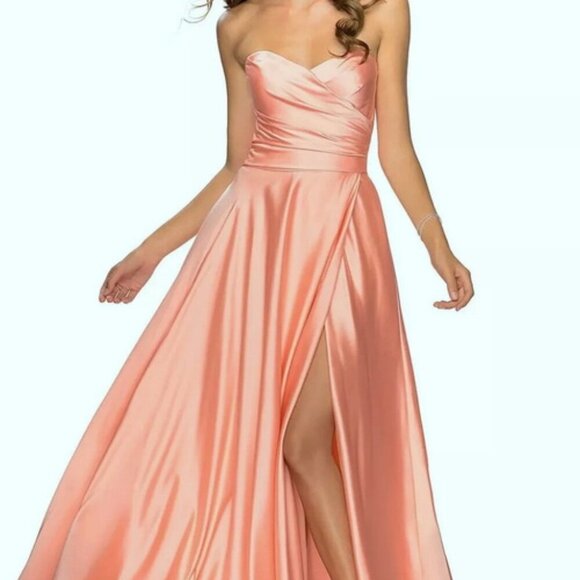 La Femme Peach Strapless Slit Satin Ballgown - Picture 1 of 4